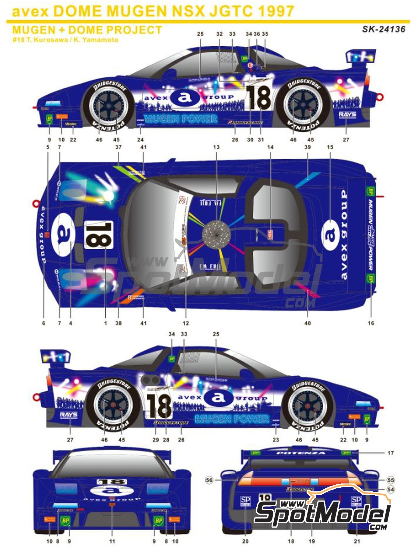 Honda NSX sponsored by Avex Mugen + Dome Project - Japan GT Championship  JGTC 1997. Marking / livery in 1/24 scale manufactured by SK Decals (ref.  SK-